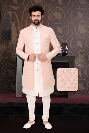 Off White & Light Pink Dhupian Silk  Indo Western Sherwani